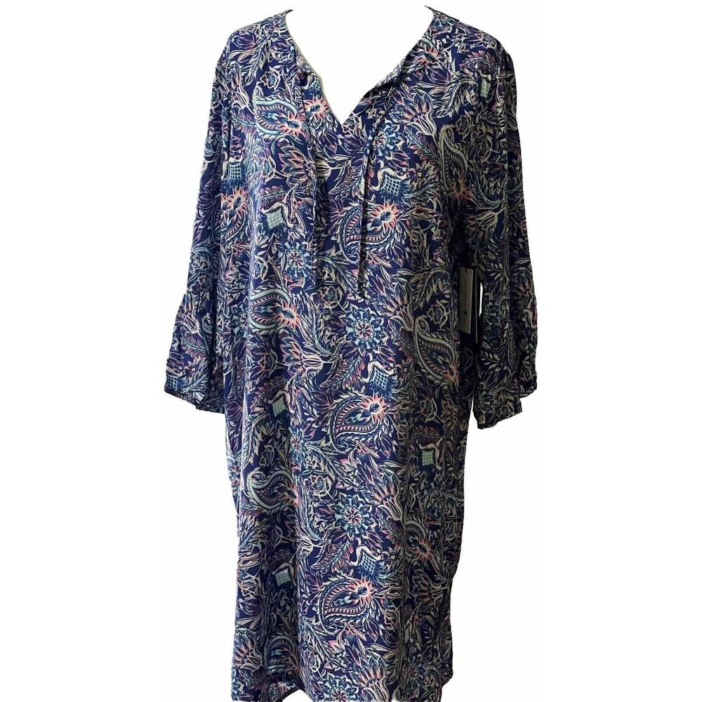 Caribbean Joe Dress L Rayon Paisley Blues Flutter Elbow Sleeves Flowy Boho Chic